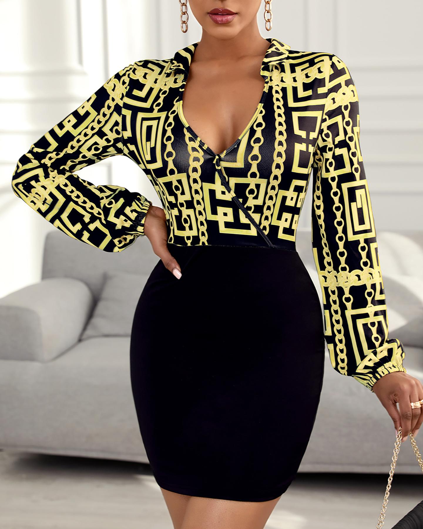 

Chain Print Lantern Sleeve Bodycon Dress, Black