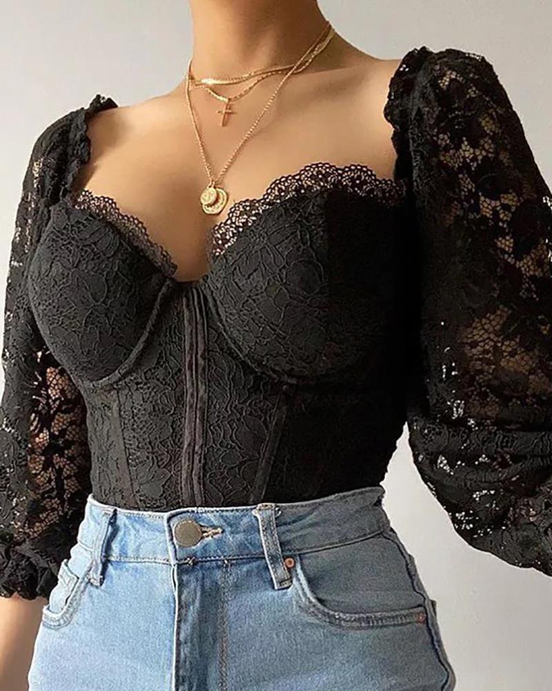

Crochet Lace Frill Hem Corset V Neck Top, Black