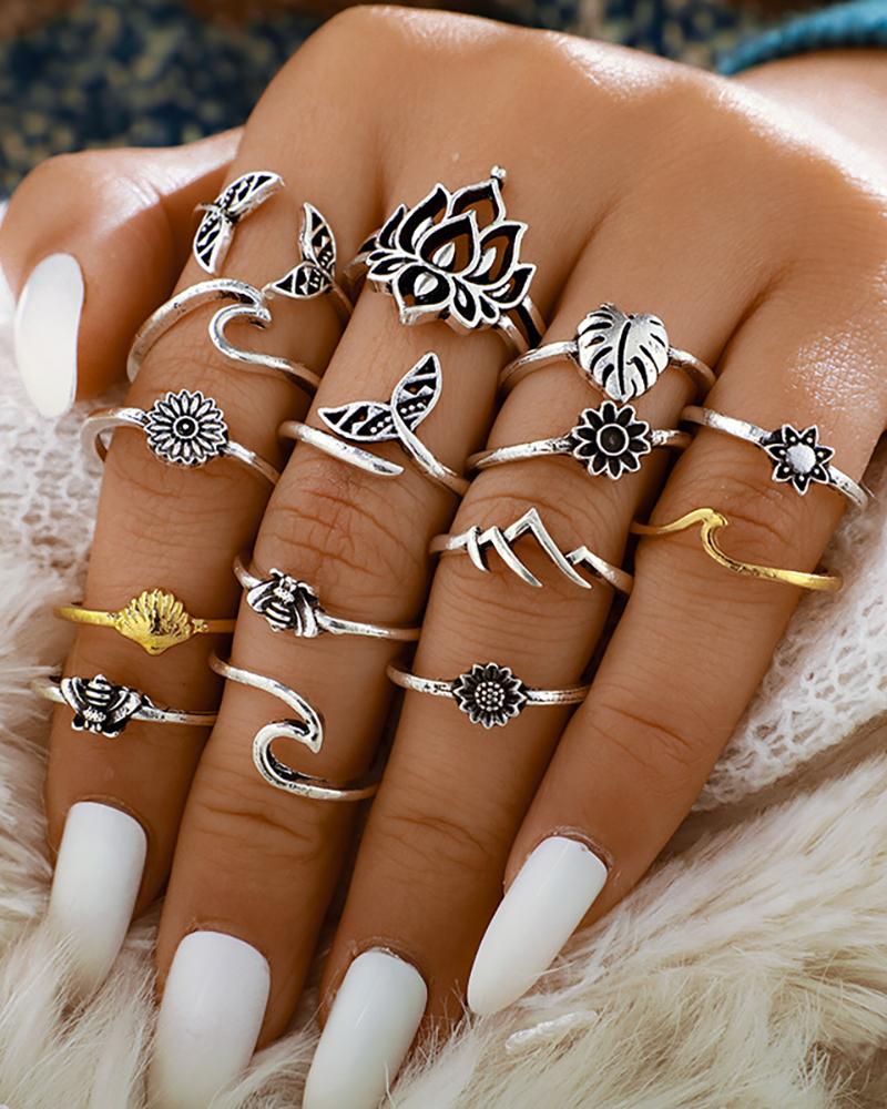 

15PCS Leaf & Floral Charm Rings Set, Silver
