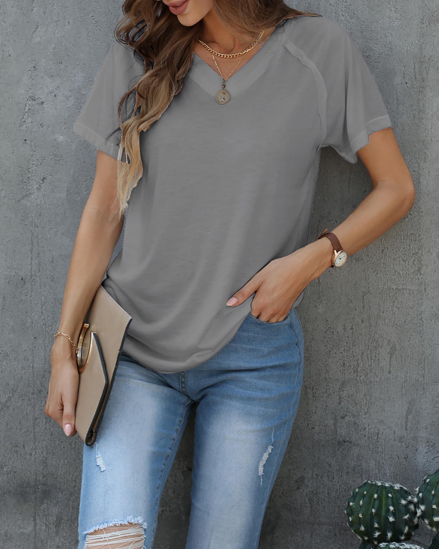 

V-neck Plain Short Sleeve Casual T-shirt, Gray