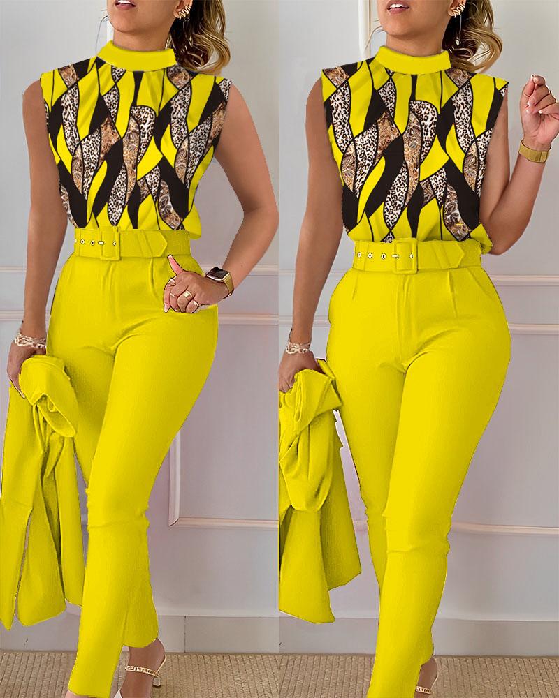 

Baroque Leopard Print Top & High Waist Pants Set, Yellow