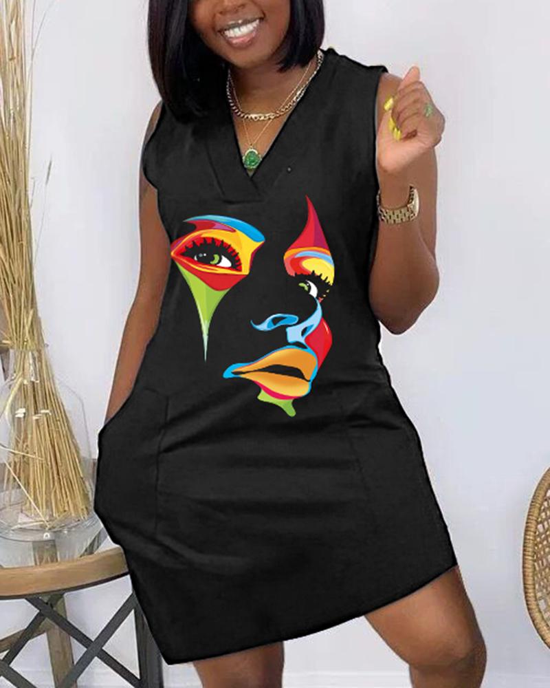 

Abstract Figure Print Pocket Detail Sleeveless Casual Dress, Black