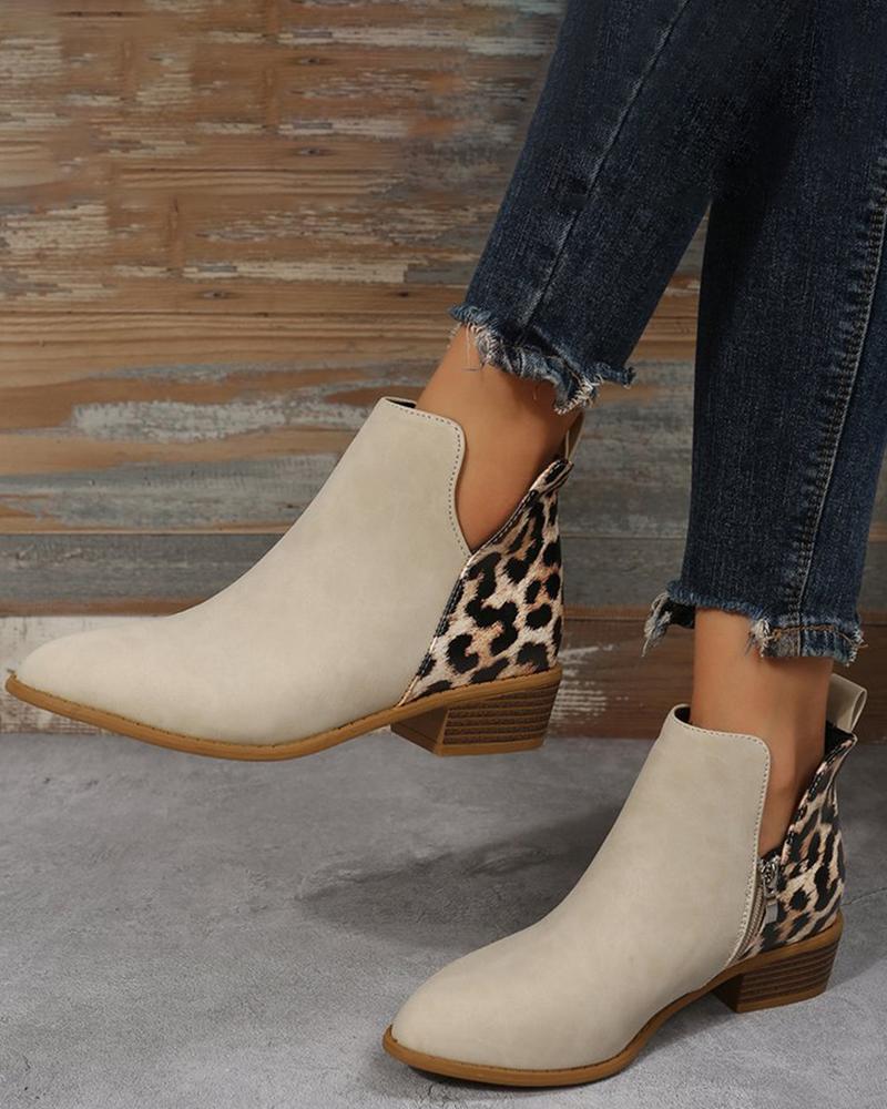 

Cheetah Colorblock Slit Ankle Boots, Beige