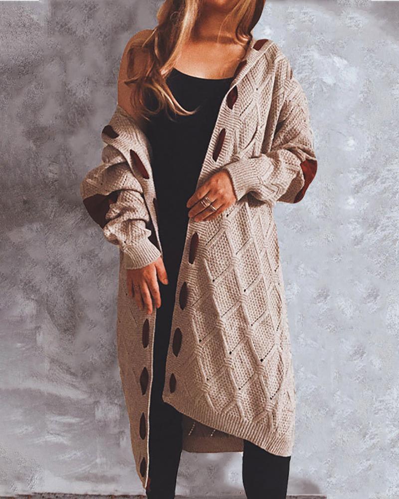 

Suede Patch Lantern Sleeve Hooded Knit Cardigan, Khaki