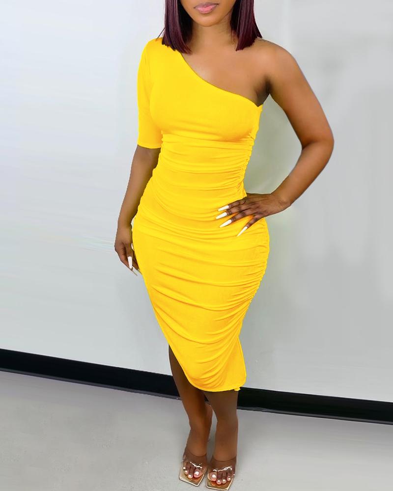 

One Shoulder Ruched Asymmetrical Bodycon Dress, Yellow