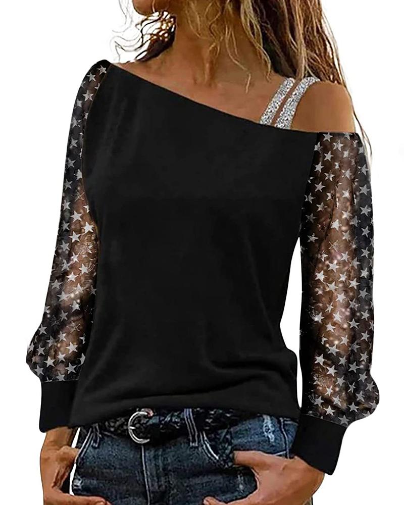 

Star Pattern Sheer Mesh Lantern Sleeve Top, Black