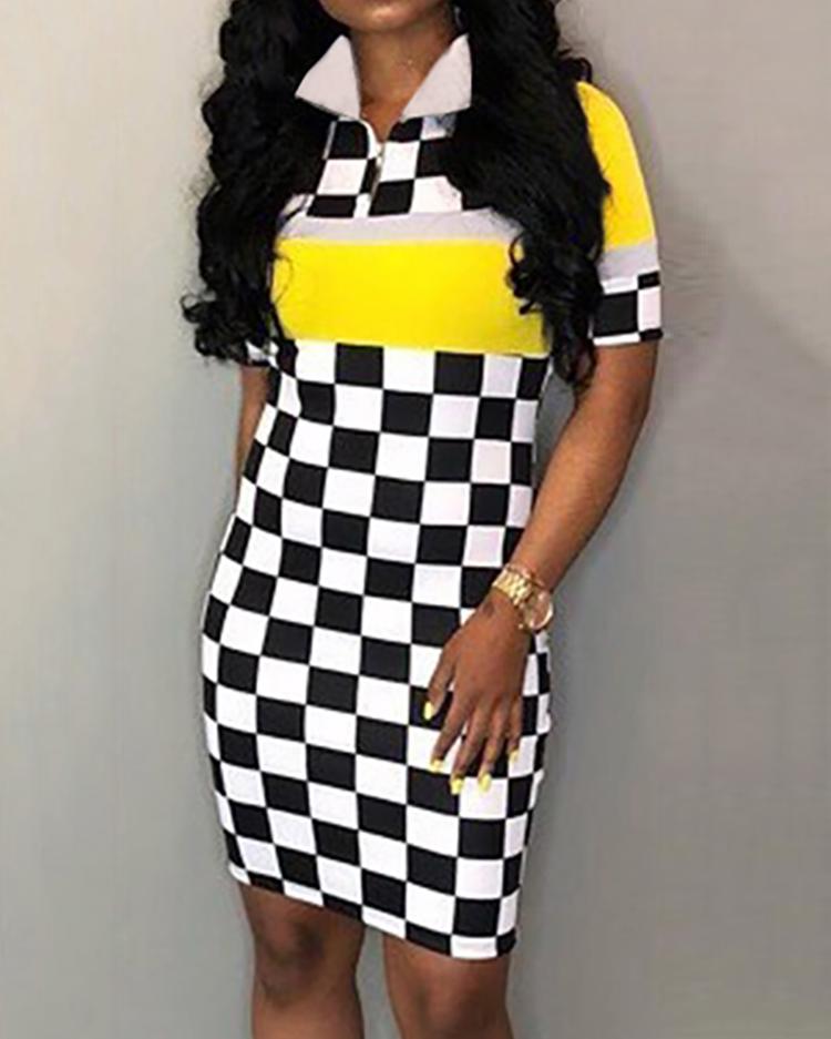 

Checkerboard Turn Down Neck Mini Dress, Yellow