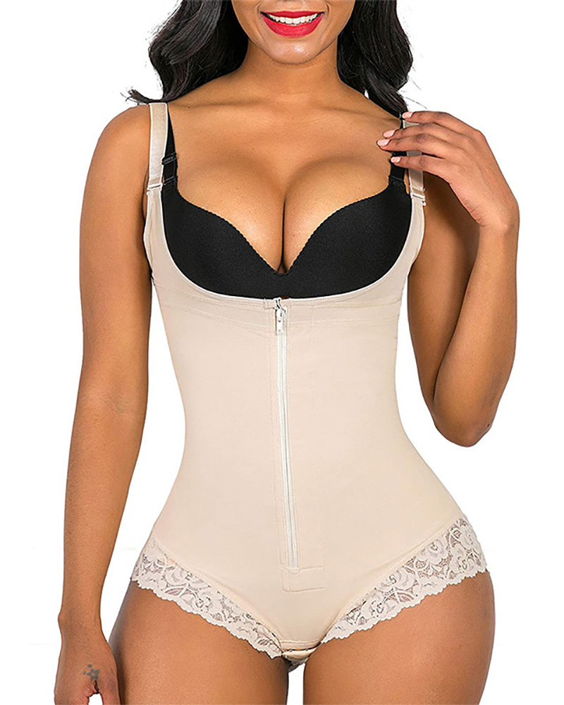 

Tummy Control Body Shaper Zip Front Lace Shapewear, Nude