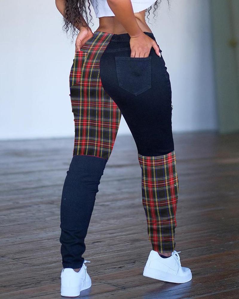 

Plaid Print Colorblock Casual Pants, Multicolor
