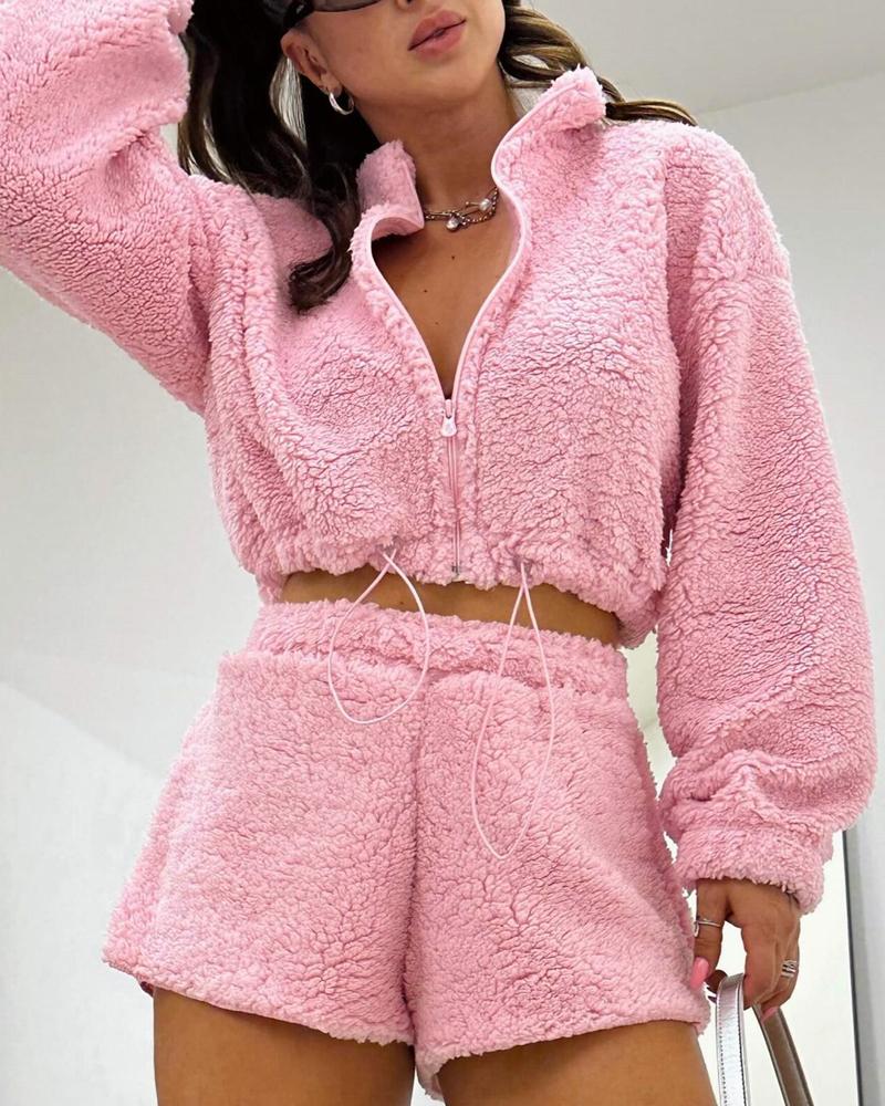 

2 Piece Outfits Tracksuit Zip Up Drawstring Waist Fleece Teddy Crop Sweatshirt High Waist Shorts Set Sweatsuit, Pink