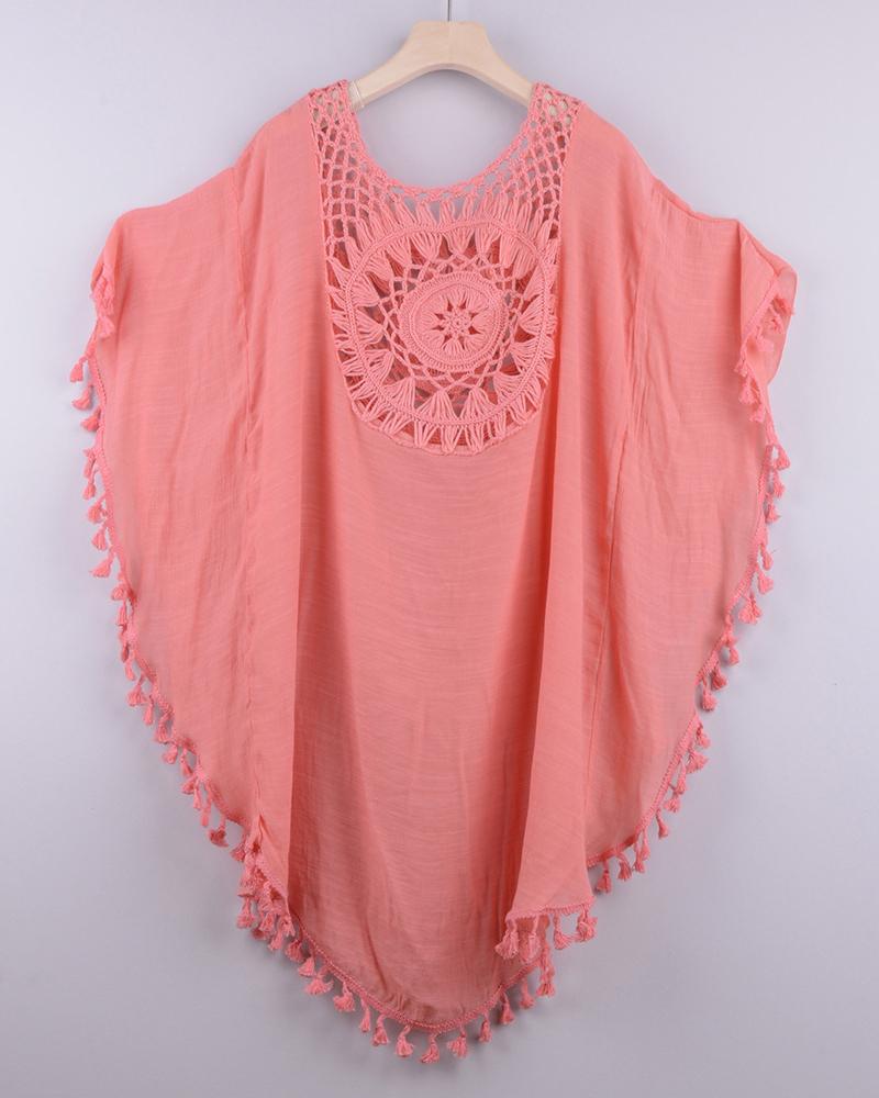 

Cutout Tassel Design Batwing Sleeve Cover Up Dress, Pink