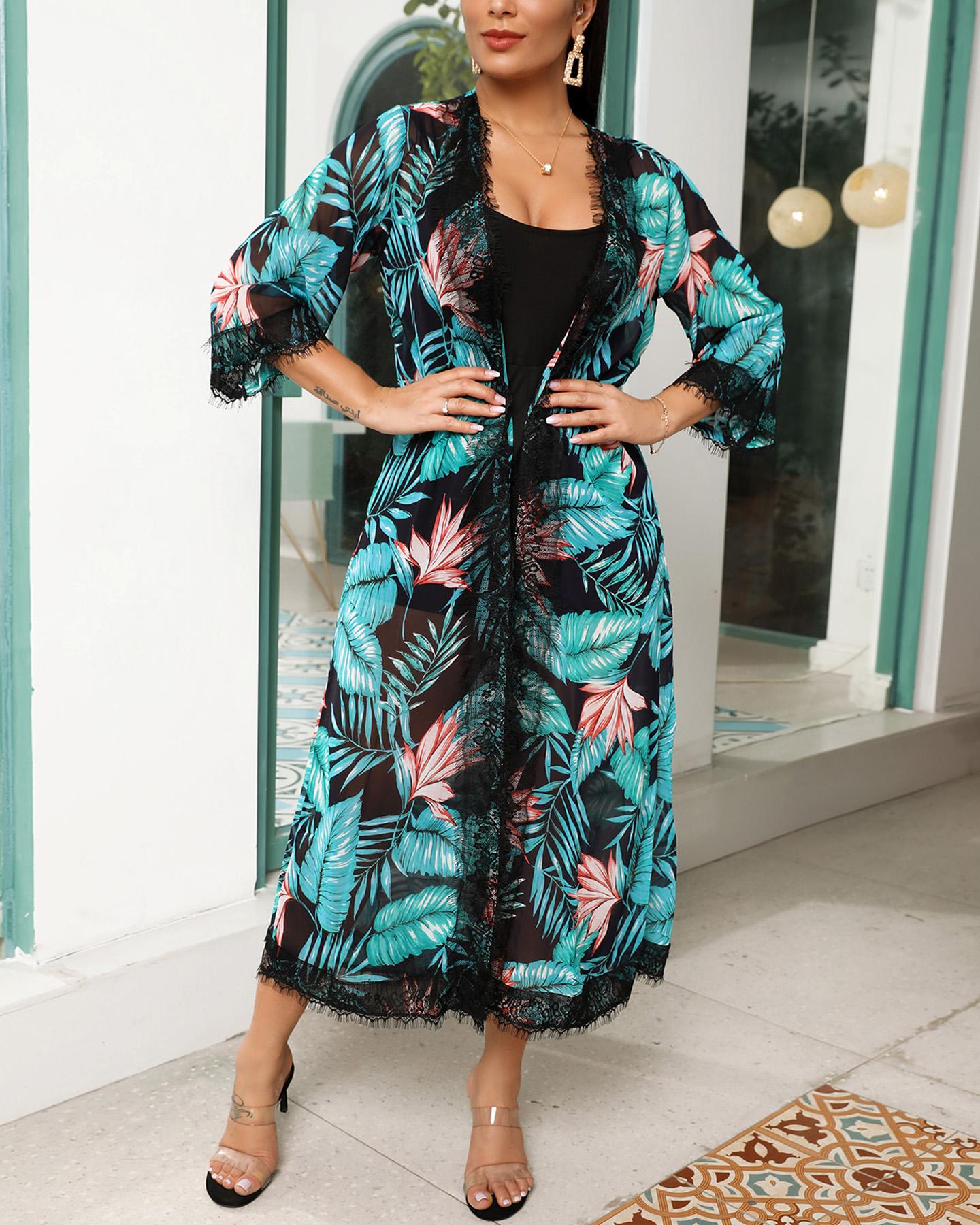 

Plant Print Eyelash Lace Trim Cardigan, Blue