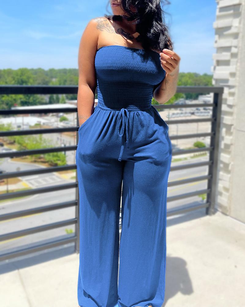

Bandeau Shirred Pocket Design Wide Leg Jumpsuit, Blue