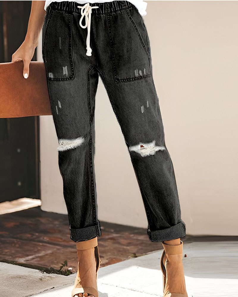 

Pocket Detail Ripped Drawstring Jeans, Black