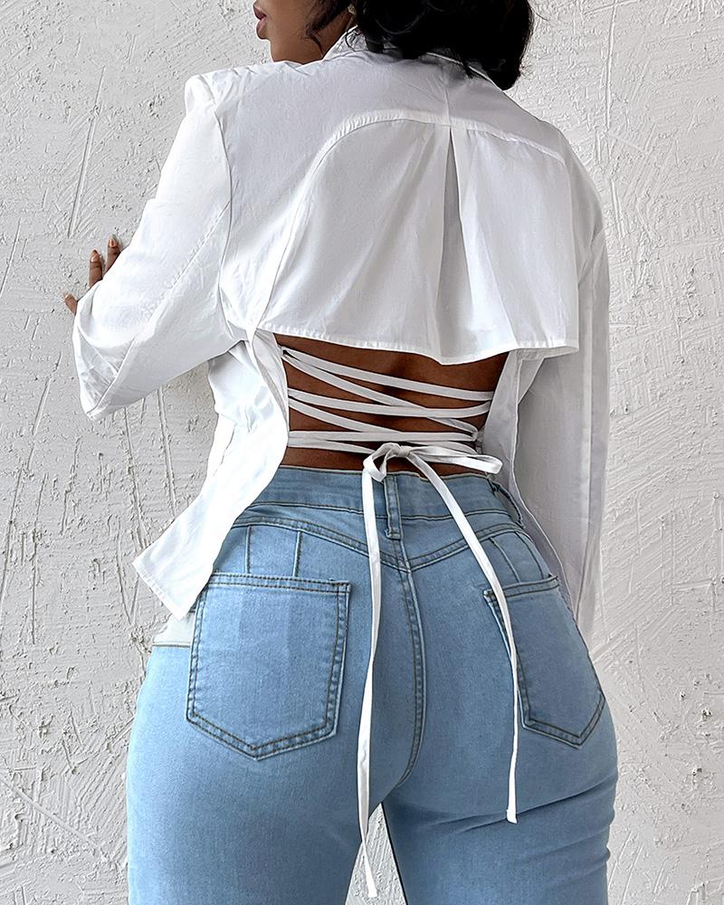 

Lace-up Backless Lapel Collar Blazer, White
