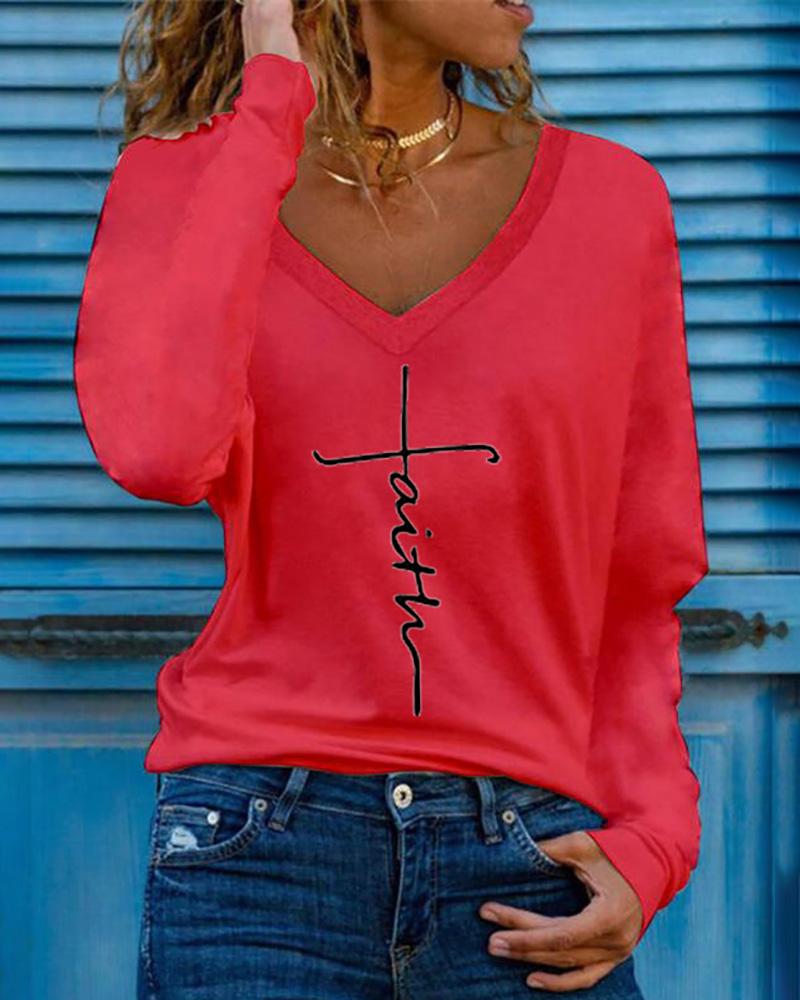 

Letter Print Long Sleeve V-Neck Top, Red