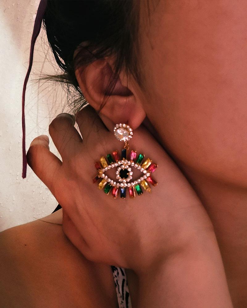 

1 Pair Colorful Rhinestone Eye Pattern Vintage Earrings, Gold