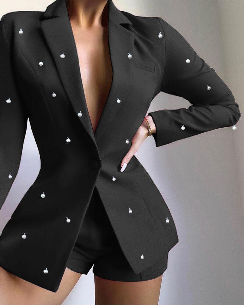 

Pearls Decor Single Button Long Sleeve Blazer, Black