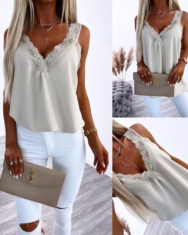 

V-Neck Contrast Lace Tank Top, Apricot