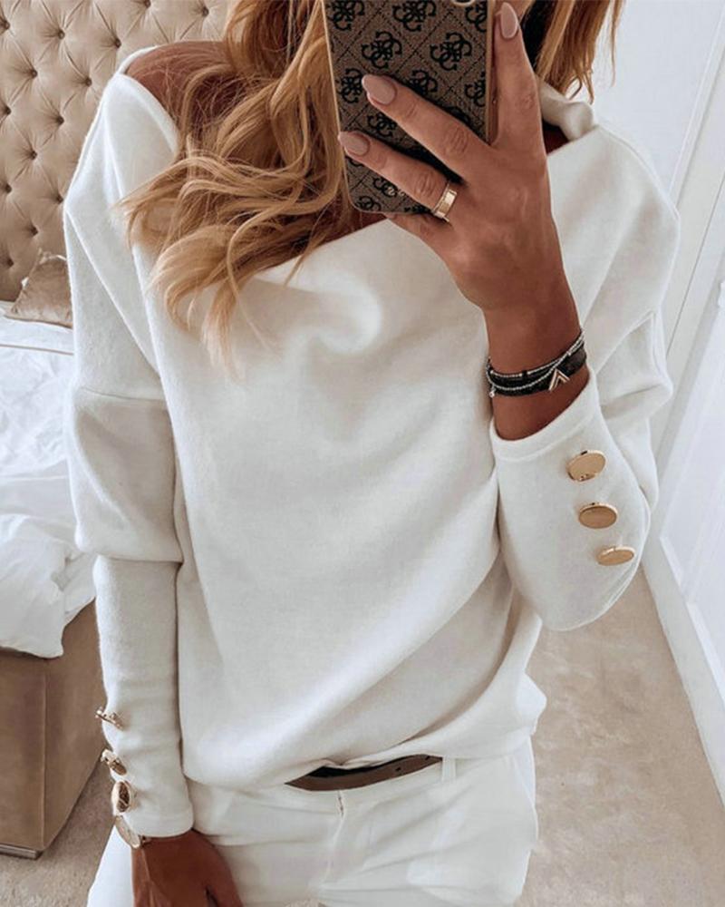 

Solid Color Splicing Buttons Long Sleeve Top, White