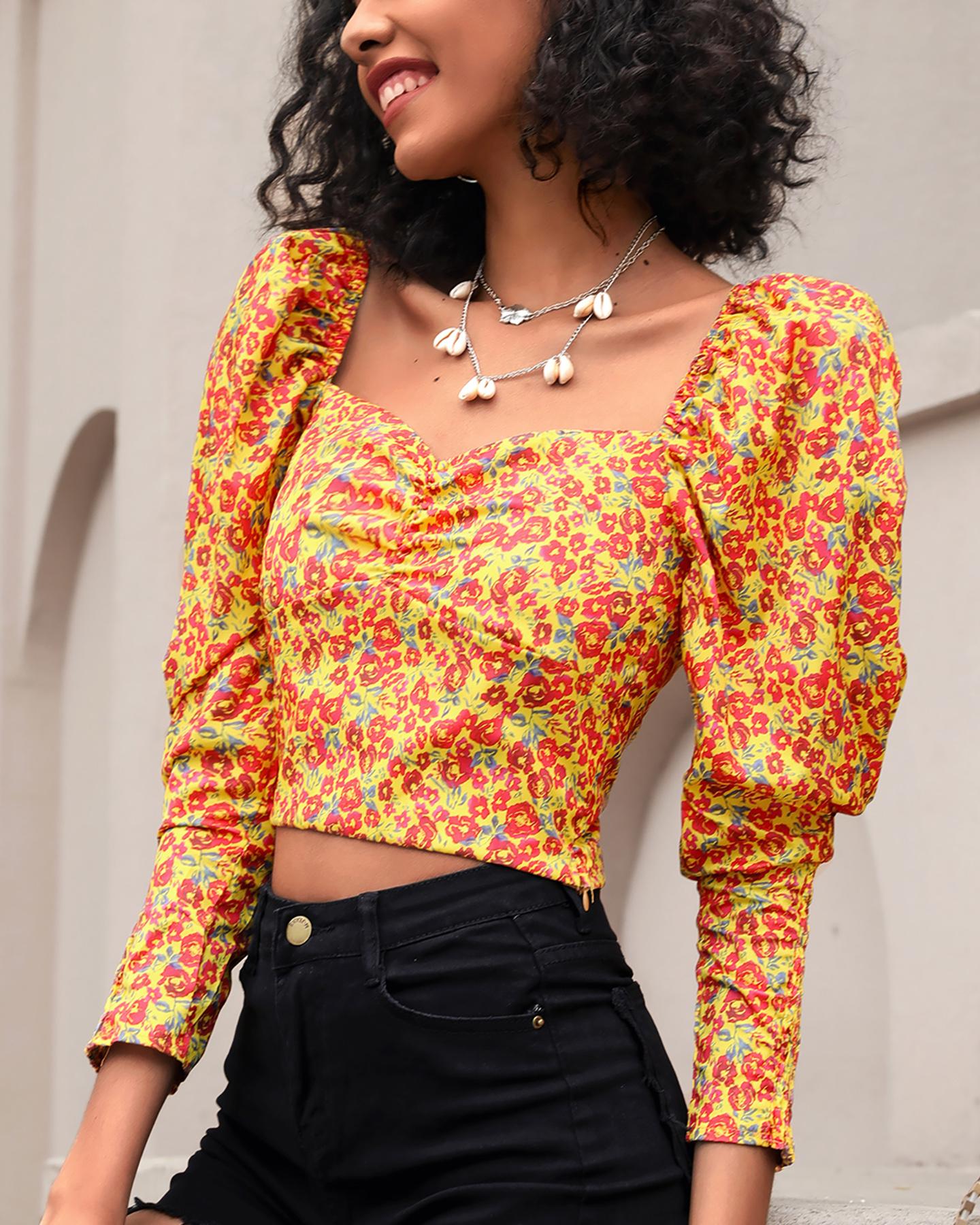 

Ditsy Floral Print Puffed Sleeve Top, Yellow