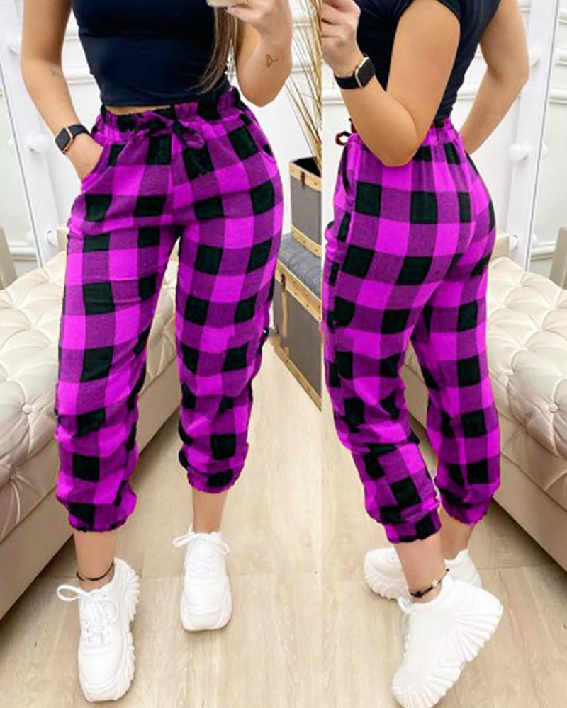 

Drawstring Waist Pocket Design Plaid Pants, Purple