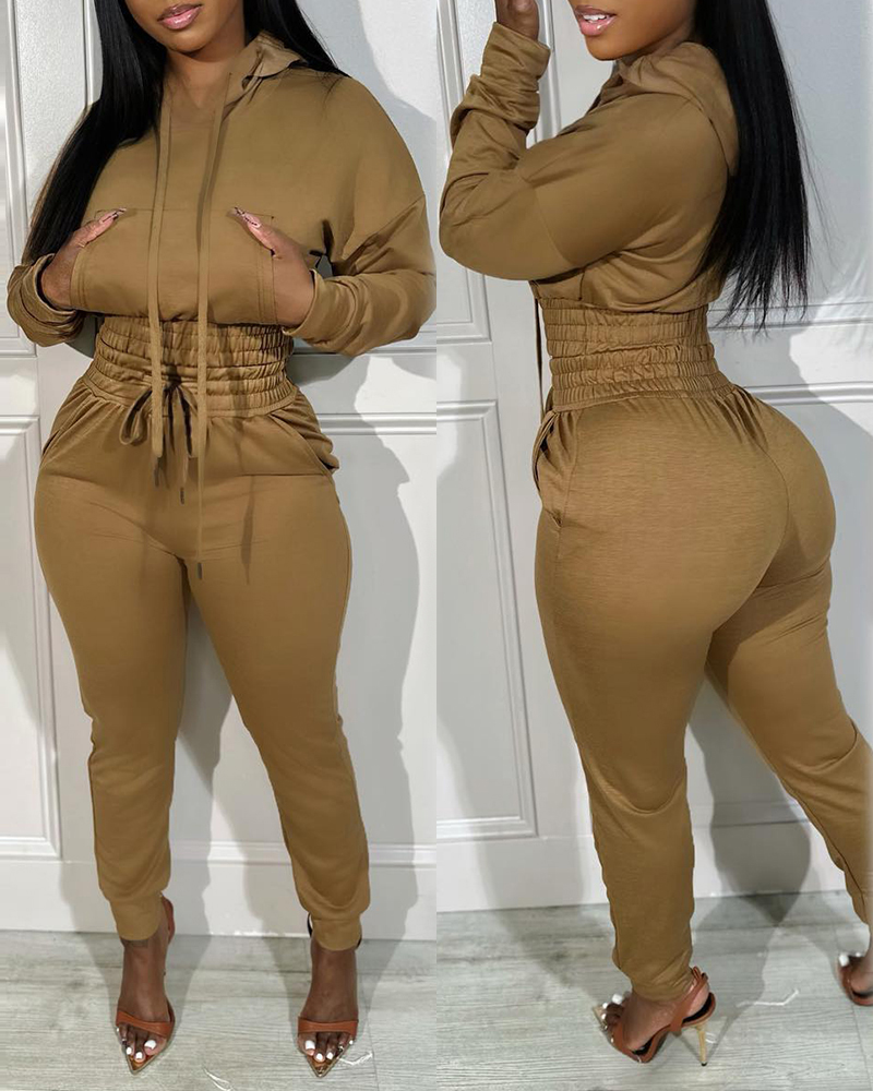 

2 Piece Outfits Lounge Hoodie Shirred Waist Pocket Design Sweatshirt Cuffed Jogger Sweatpants Tracksuit, Khaki