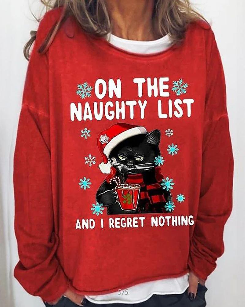 

Christmas Letter Cat Print Long Sleeve Casual Top, Red