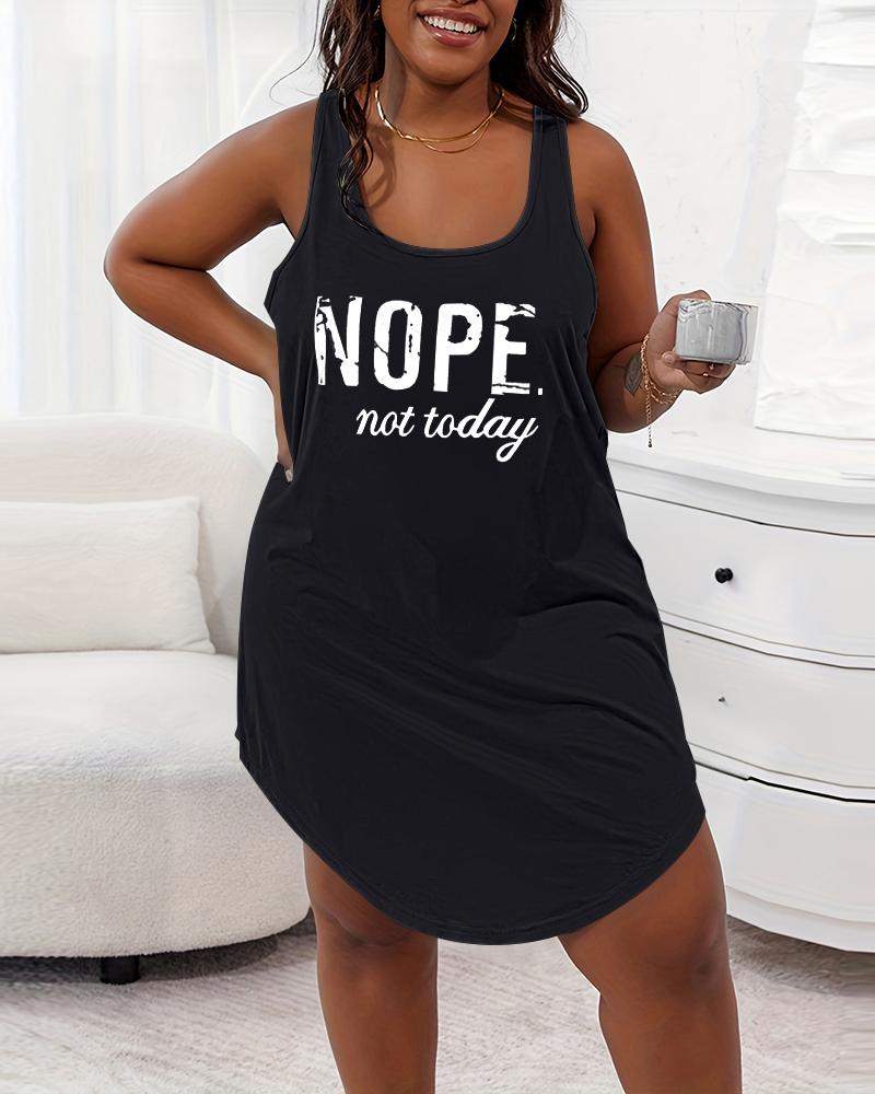 

Robe de Nuit Sans Manches Imprimée à Slogan de Grande Taille à Col en U, Black