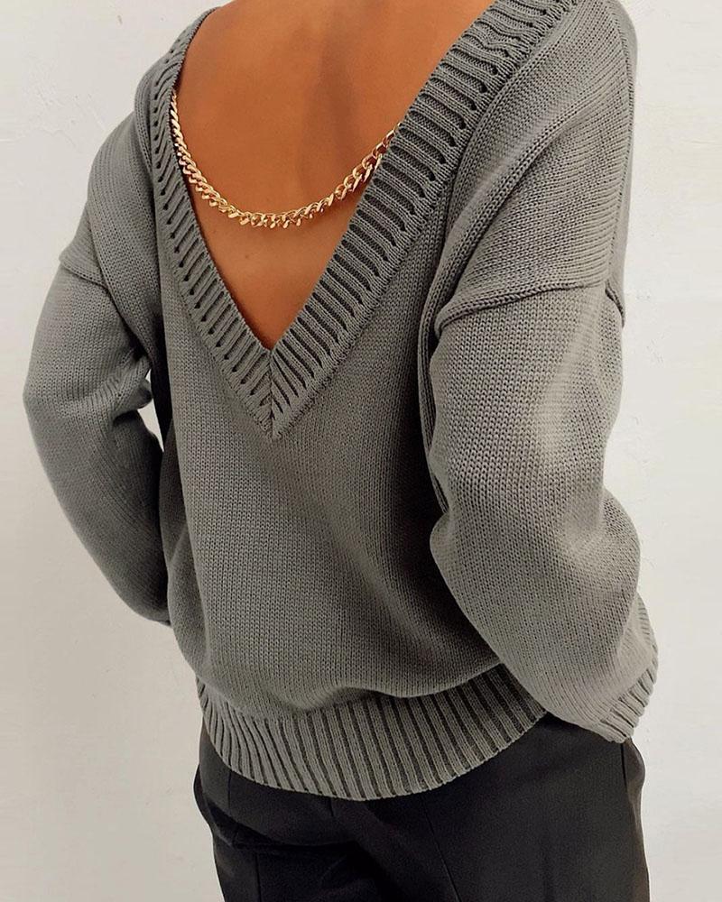 

Chain Decor Backless Long Sleeve Sweater, Gray