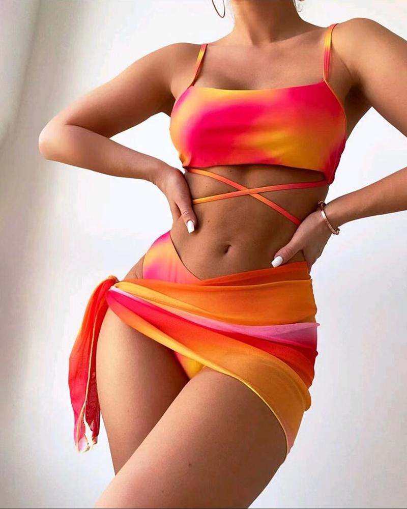 

3PCS Tie Dye Print Crisscross Bikini Set With Cover Up, Orange