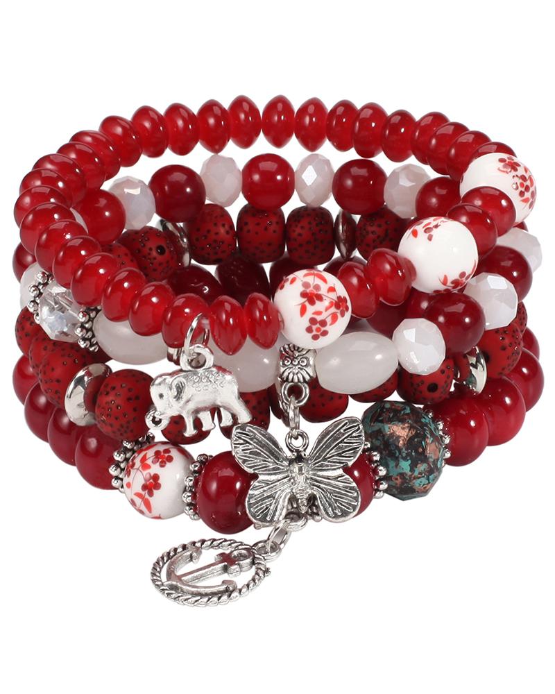 

4pcs Elephant Anchor Butterfly Shaped Pendant Stackable Bohemian Layered Beaded Unisex Bracelets Set, Red