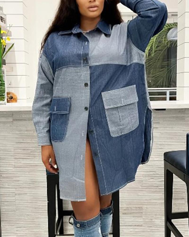 

Colorblock Buttoned Slit Denim Dress, Blue