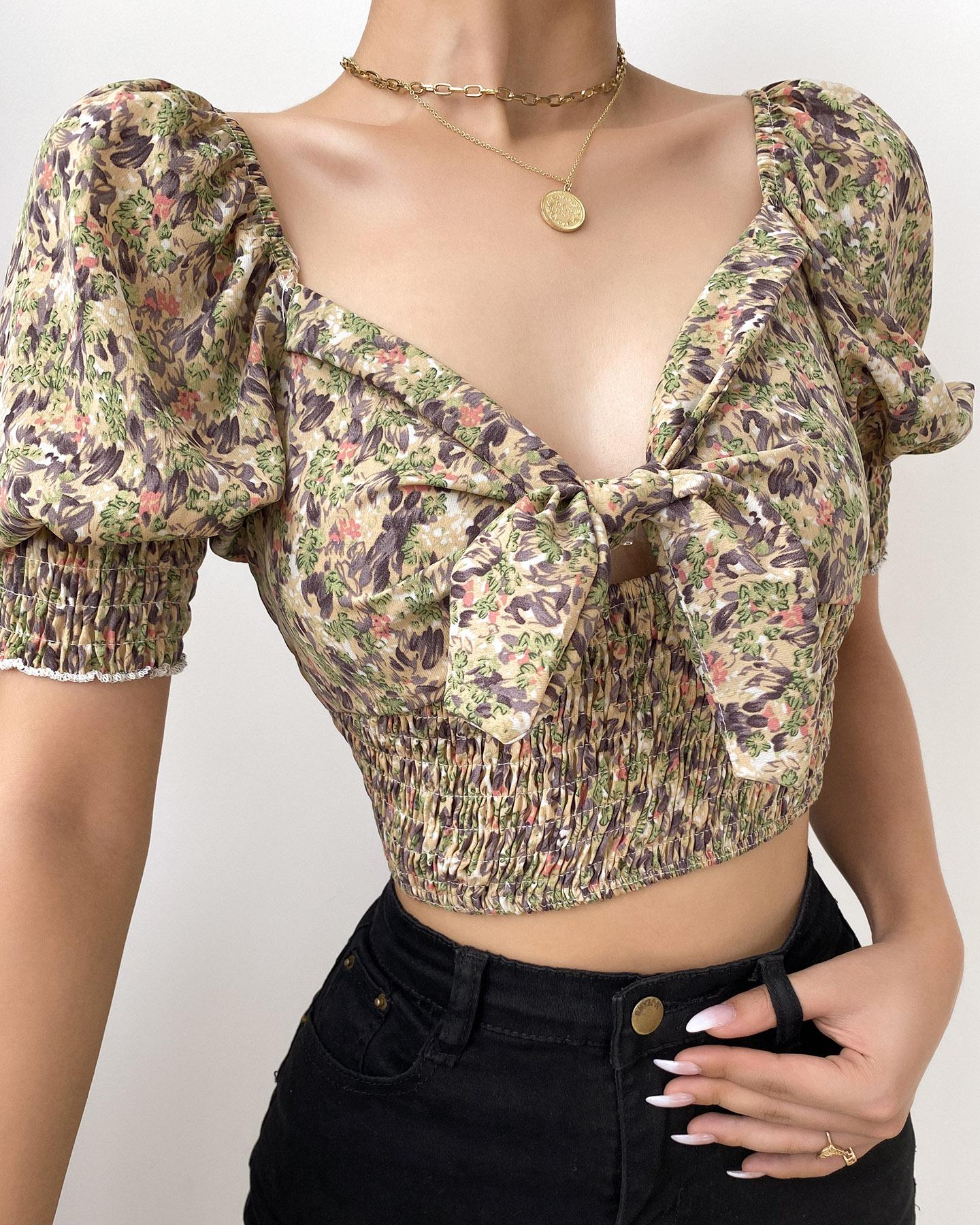 

Puff Sleeve Ditsy Floral Print Lace up Shirred Top, Yellow