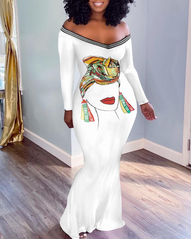 

Figure Print Off Shoulder Mermaid Dress, White