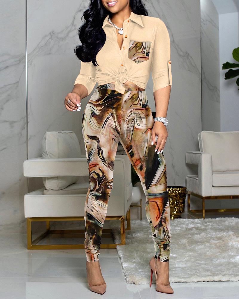 

Marble Print Colorblock Roll Up Sleeve Shirt & Pants Set, Apricot