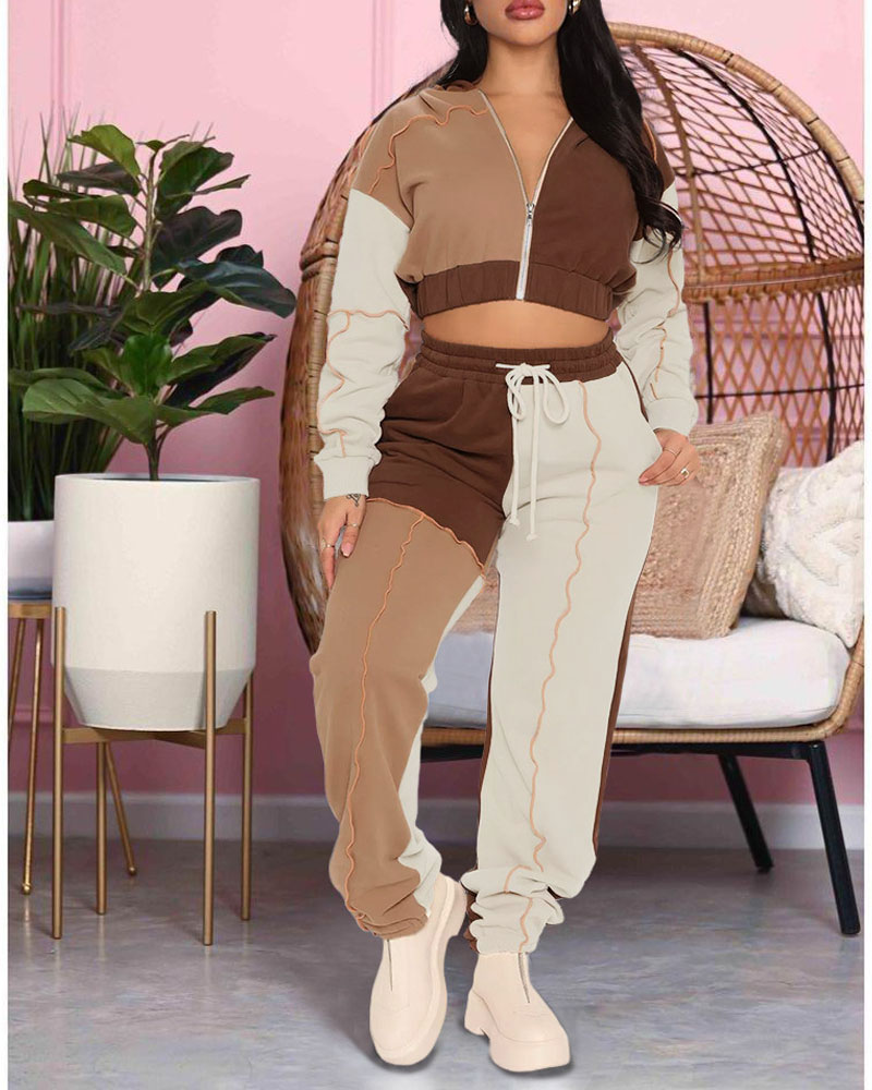 

Colorblock Zip Front Hooded Crop Top & Pants Set, Khaki