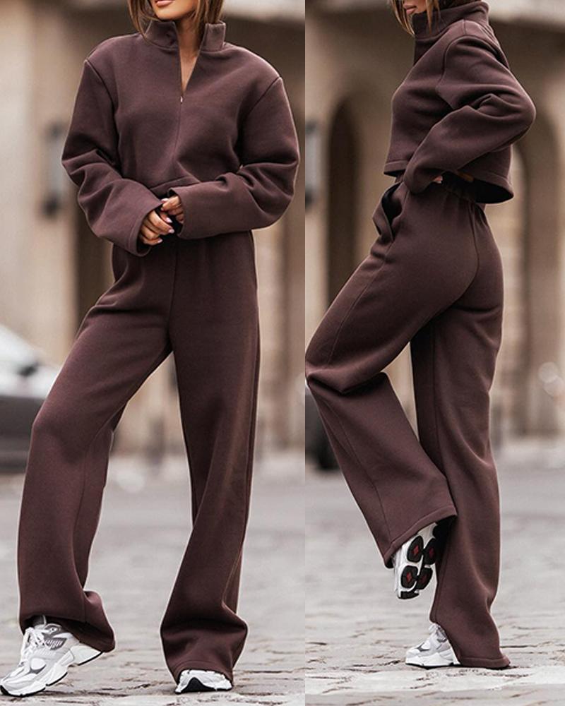 

Stand Collar Top & Wide Leg Pants Set, Coffee