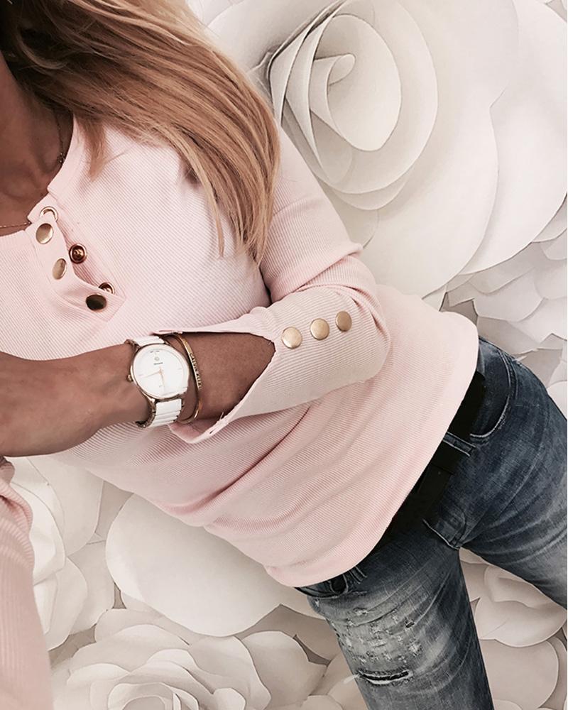 

Solid Round Neck Popper Cuff Ribbed Top, Pink