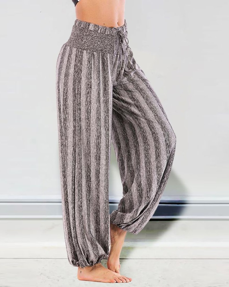 

Striped Print Drawstring High Waist Pants, Gray