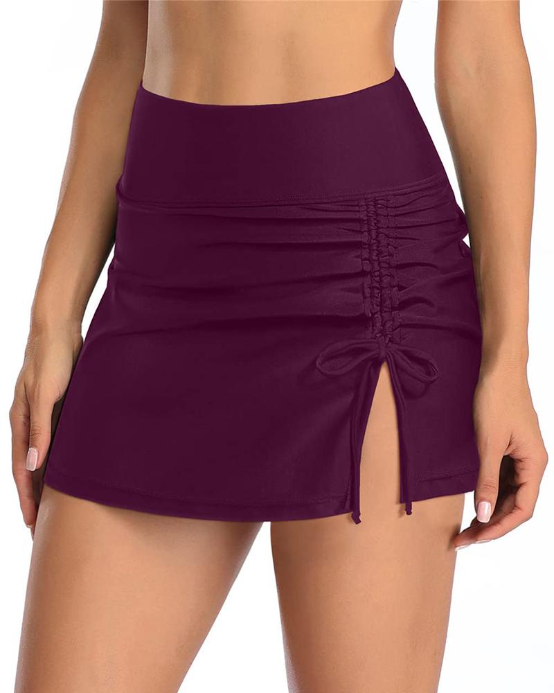 

High Waist Drawstring Slit Bikini Bottom Swim Skorts, Wine red