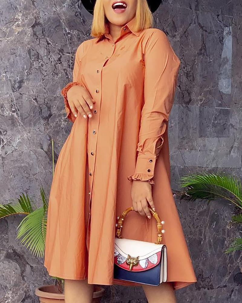 

Frill Hem Button Design Shirt Dress, Brown