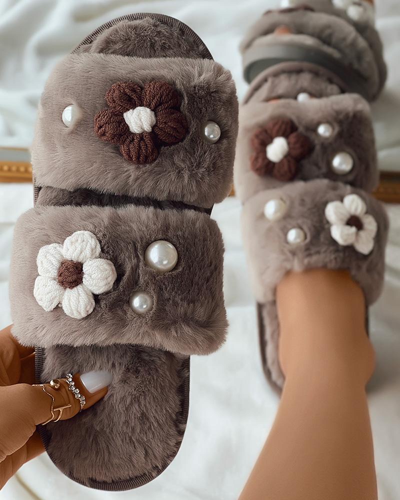 

Fuzzy Floral Pattern Pearls Decor Slippers, Khaki