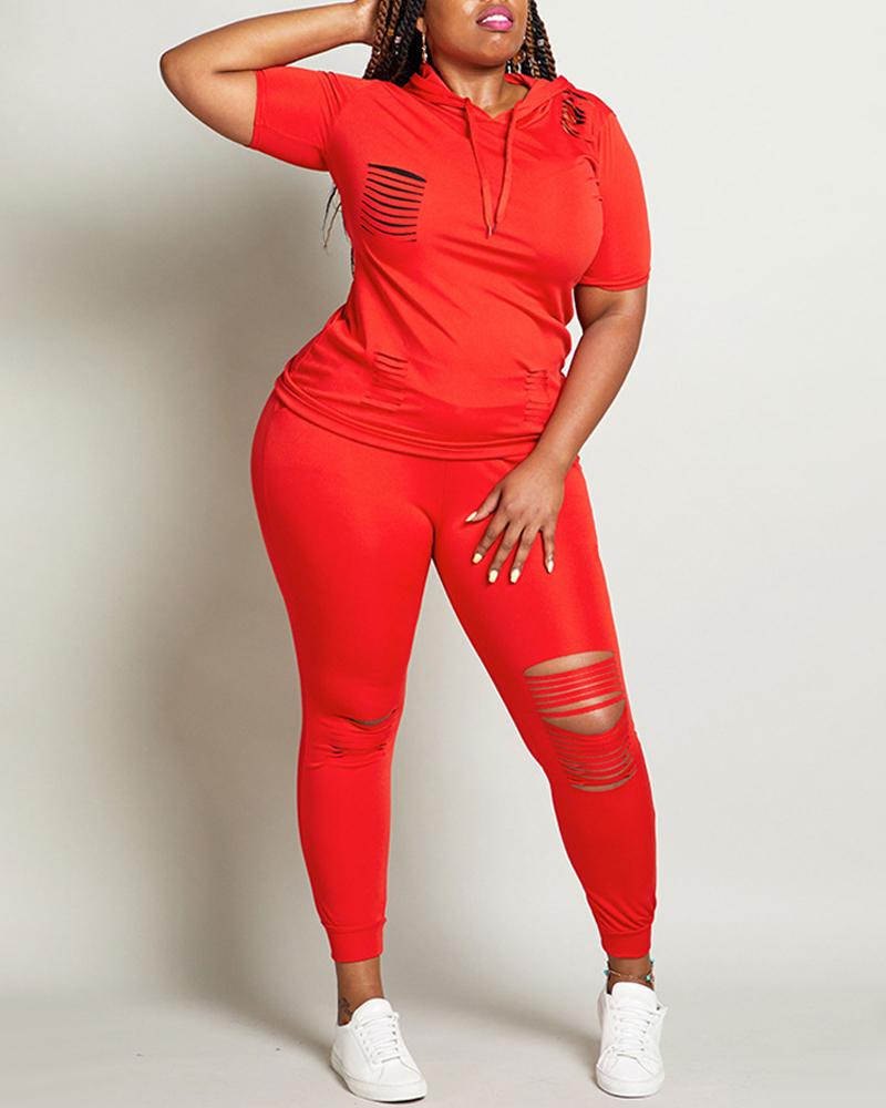 

Plus Size Ladder Cutout Casual Top & Pants Set, Red
