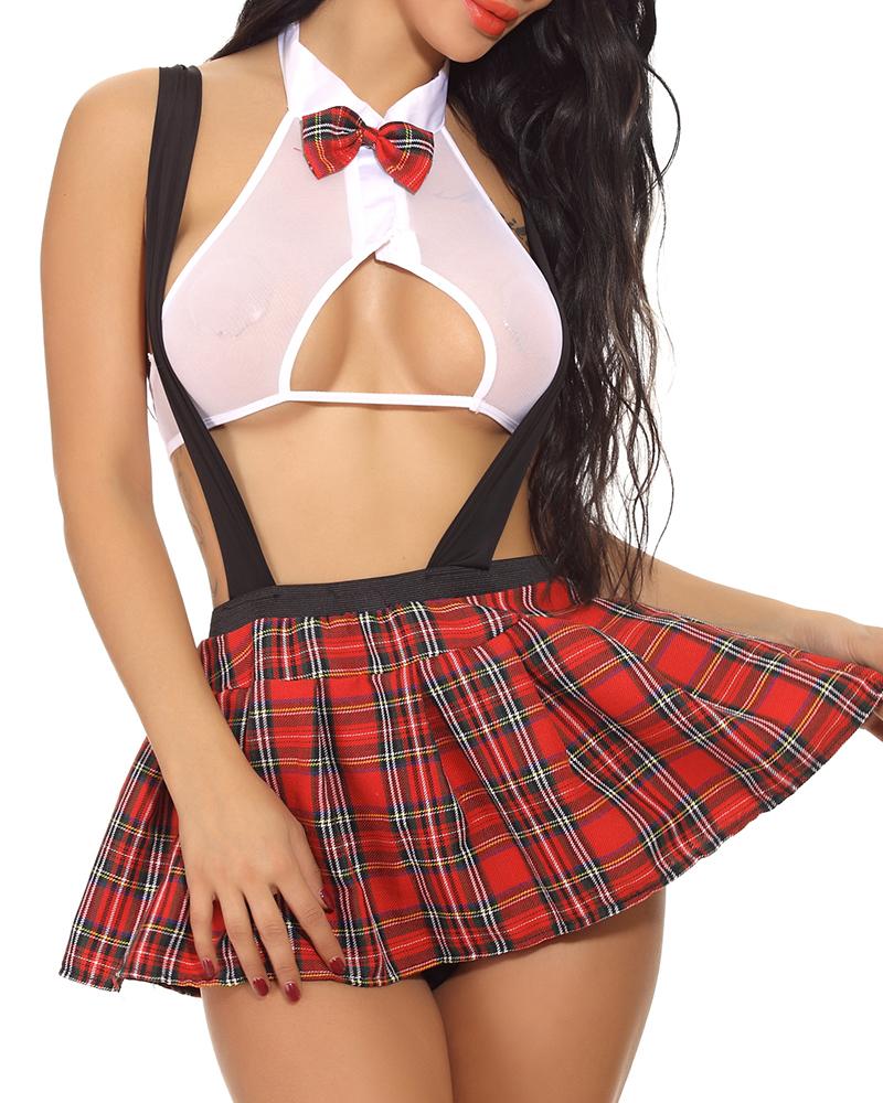 

Cutout Sheer Mesh Plaid Print Lingeire Costume Uniform Set, White