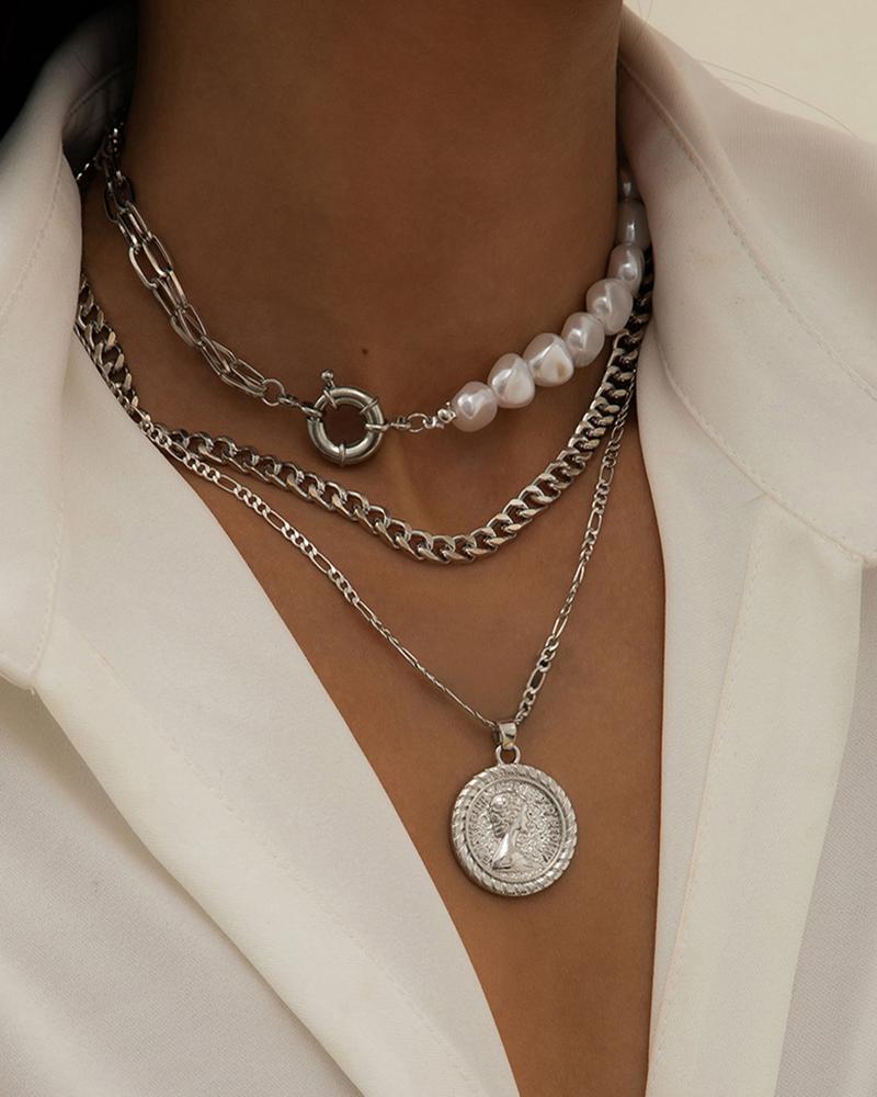 

Coin Decor Beaded Pendant Layered Necklace, Silver
