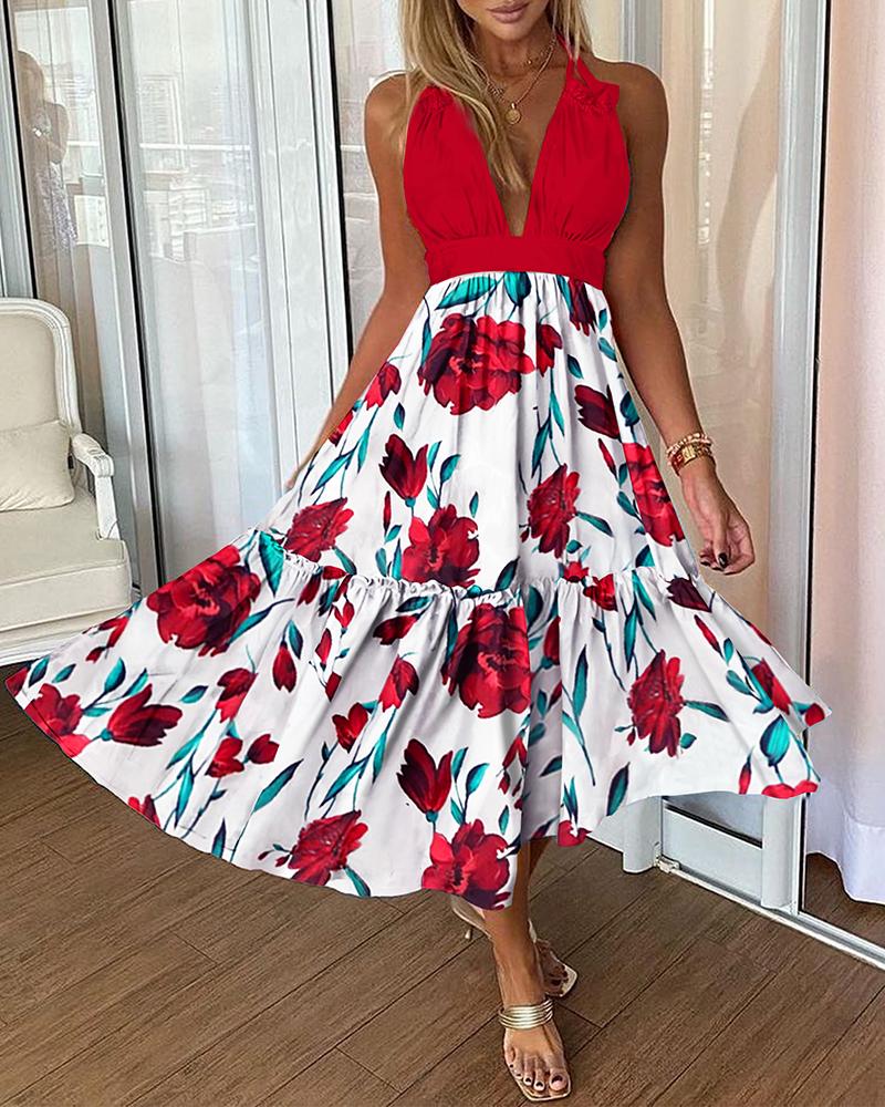 

Halter Floral Print Frill Hem Maxi Dress, Red