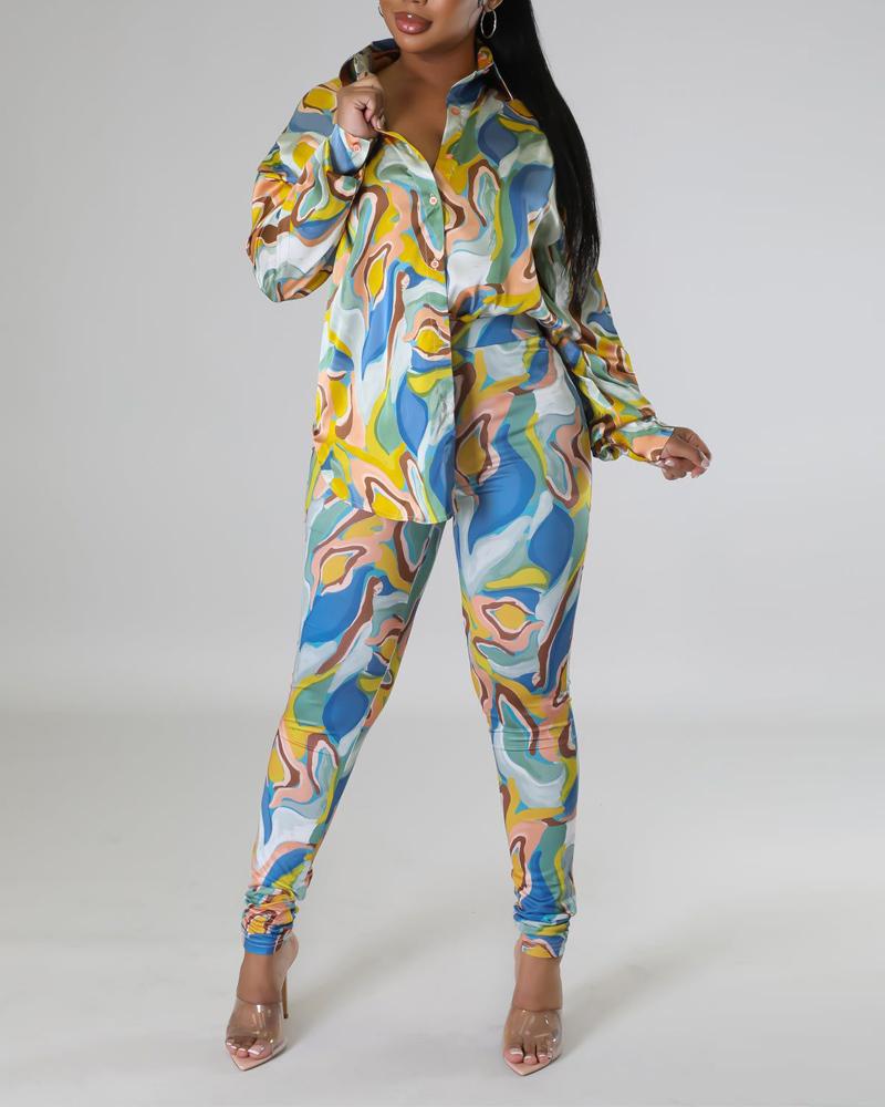 

Allover Print Long Sleeve Button Down Shirt & Pants Set, Green
