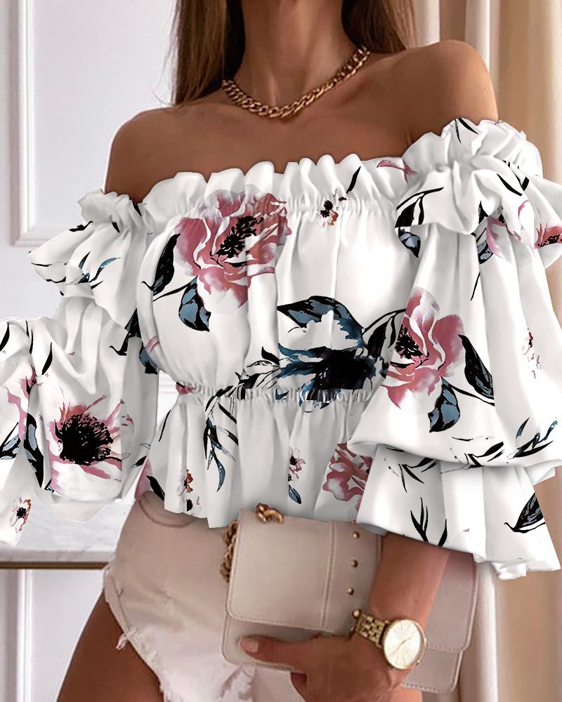 

Floral Print Off Shoulder Layered Shirred Top, White