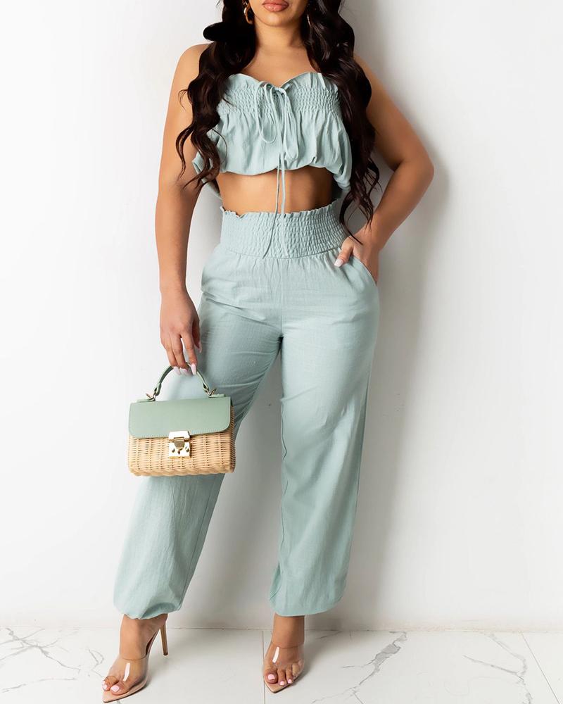 

Bandeau Shirring Detail Frill Hem Crop Top & Pants Set, Light blue